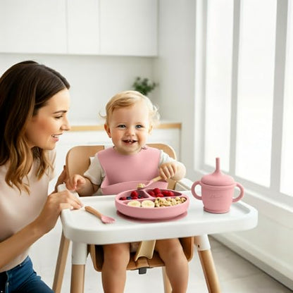 Silicone Baby Feeding Set, Suction Plates Bowls Bibs for Self Feeding –Pink | Baby Led Weaning Supplies, BPA-Free, Toddler Spoons Forks, Extra-Strong Suction, Empower Independence, Easy Clean - color: Pink