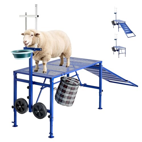 VEVOR Goat Milking Stand, 600 lbs Heavy Duty Foldable Goat Stand with Ramp, Feed Bin & Wheels, Adjustable Headpiece & Basket, Stanchion for Grooming & Hoof Trimming, Metal Livestock Platform for Sheep - color: Blue, size: 47"x23"x33"(with Ramp, Feed Bin &