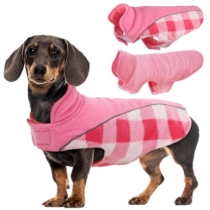 Kuoser Dog Winter Coat, Reversible Waterproof Dog Jacket with Reflective Strip, Warm Dogs Fleece Vest Adjustable Doggy Cold Weather Clothes Plaid Christmas Outfit Pet Apparel for Small Dogs, Pink S - color: Pink, size: Small (Chest Girth: 13.8-17.3'' )