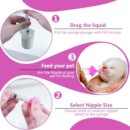 Pet Feeding Nipple with Syringe, Soft Silicone Nursing Pet Feeding Bottle, Ventilation Valve Resistant Tearing for Puppies, Kittens, Rabbit, Small Wildlife (M Nipple,Pink) - color: Pink-M Size