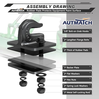 AUTMATCH Tractor Bucket Grab Hook 3/8" (2-Pack) Grade 70 Drop Forged Steel - color: Gunmetal Gray