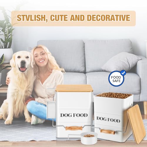 Tioncy 2 Pcs Metal Dog Food Storage Containers Total 10-14 Lbs (50 Cup) Capacity, Airtight Pet Food Canister with Bamboo Lids Scoop DIY Labels Dog Treat Storage Jars for Kitchen Counter(White) - color: White