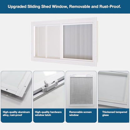 Yuzzy Shed Windows 2 Pack, 10"x23" Sliding Windows Transom Window with Tempered Glass and Removable Fiberglass Screen for Shed, Chicken Coop, Playhouse, Household, Garage, Barns (White) - color: White, size: 10"x23"