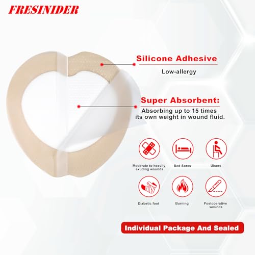 FRESINIDER 7"x7" (Pack of 5) Wound Silicone Sacral Foam Dressing - Sacrum Foam Adhesive with Border - Waterproof Absorbent Breathable Bed Sore Pressure Pads - color: 7" X 7" , 5 Pack