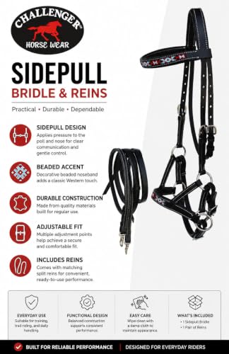 Horse Western Leather Tack Beaded Bitless Sidepull Bridle Reins 77RT17 - color: Black/Beaded