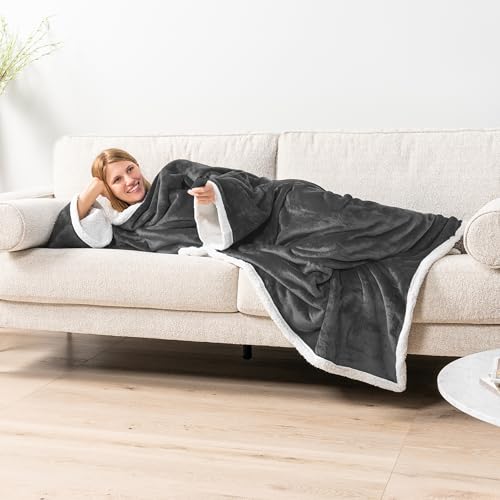 PAVILIA Sherpa Wearable Blanket with Sleeves and Pocket, Plush Thick Cozy Body Blanket Wrap for Adult Women Men, Christmas Gift for Wife Mom, Dark Grey - color: Charcoal