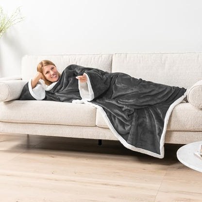 PAVILIA Sherpa Wearable Blanket with Sleeves and Pocket, Plush Thick Cozy Body Blanket Wrap for Adult Women Men, Christmas Gift for Wife Mom, Dark Grey - color: Charcoal