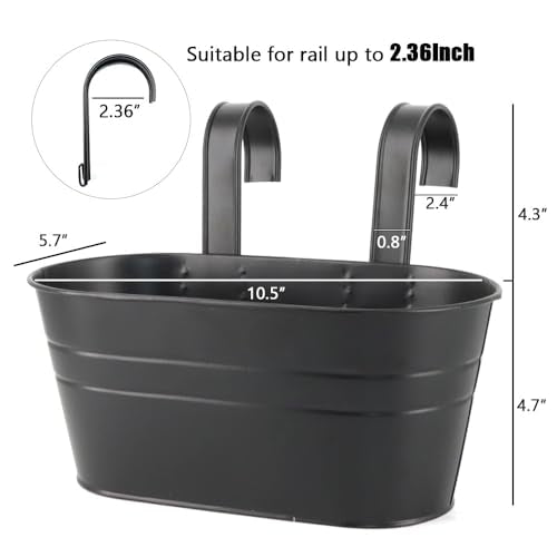 3 Pack Metal Railing Planters, 10.5" Oval Hanging Flower Pots with Detachable Hooks & Drainage Holes, Fits Rails up to 2.36", Galvanized Iron Fence Bucket for Balcony Garden Patio - Black - color: Black, size: 3 Pack, 10.5"L x 5.7"W x 4.7"H