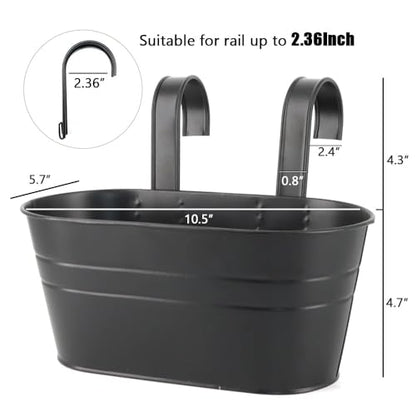 3 Pack Metal Railing Planters, 10.5" Oval Hanging Flower Pots with Detachable Hooks & Drainage Holes, Fits Rails up to 2.36", Galvanized Iron Fence Bucket for Balcony Garden Patio - Black - color: Black, size: 3 Pack, 10.5"L x 5.7"W x 4.7"H
