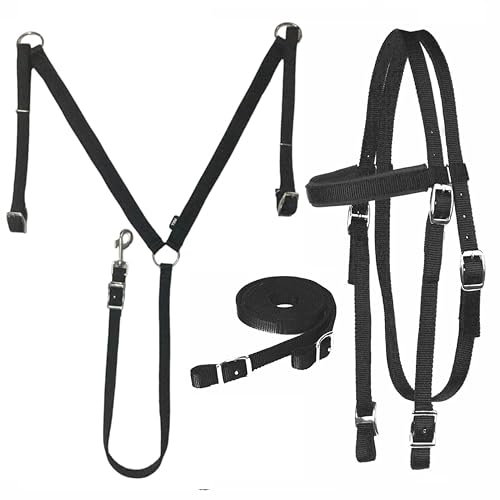 Majestic Ally Nylon Padded Equestrian Browband Headstall, Reins & BreastCollar Set for Horse- Full - color: Black