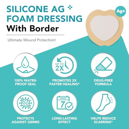 Silicone Foam Dressing Ag Sterile Wound Bandage with 7.08"x7.08" Waterproof Gentle Silicone Adhesive Border, Breathable Ultra Absorbent Pads (Pack of 5) - size: 7.08x7.08 Inch (Pack of 5)