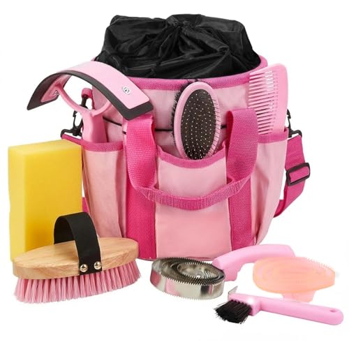 Cunhill 9 Pcs Horse Grooming Kit Tack Room Supplies, Classic, Pink - color: Pink, style: Classic