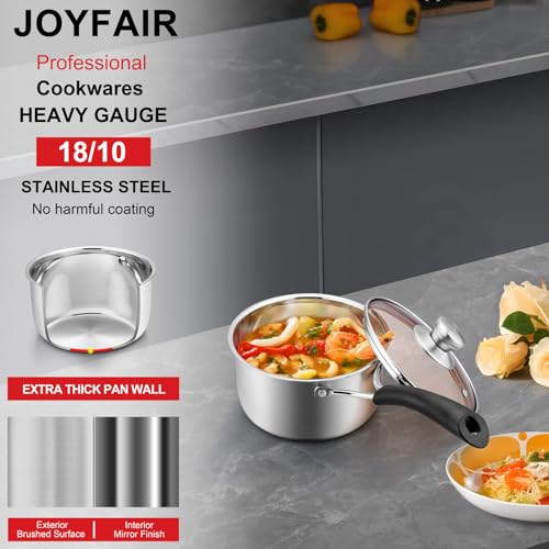 2QT Saucepan with Lid, Joyfair 18/10 Stainless Steel Small Sauce Pan Pot | Kitchen Cookware Milk Pot with Glass Lid for Cooking Stewing Boiling Spaghetti Soup, Heat-proof Handle, Dishwasher Safe - size: 2 Quarts