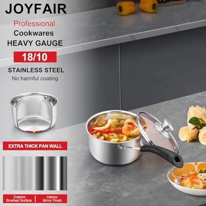 2QT Saucepan with Lid, Joyfair 18/10 Stainless Steel Small Sauce Pan Pot | Kitchen Cookware Milk Pot with Glass Lid for Cooking Stewing Boiling Spaghetti Soup, Heat-proof Handle, Dishwasher Safe - size: 2 Quarts