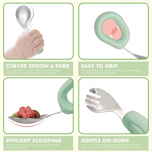 MR. CHOU Baby Suction Bowl Set with Spoon & Fork, Insulated Double-Layer 18/8 Stainless Steel Toddler Bowls with Silicone Suction Cup & BPA Free Airtight Lids, Green - color: Green-S