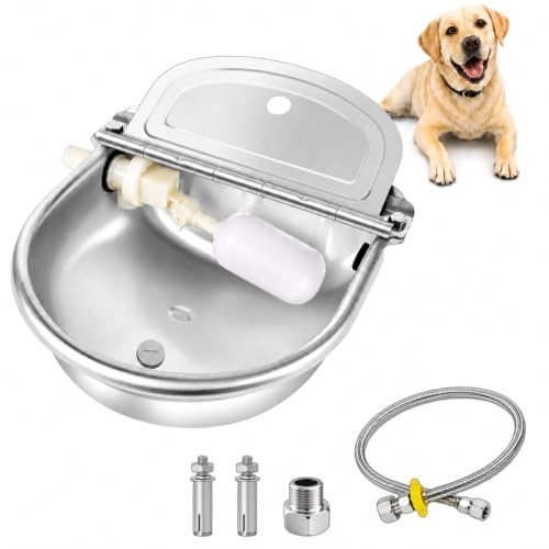 Dog Water Bowl Dispenser, Automatic Pet Water Dispenser, 3L Outdoor Stainless Steel Drinking Trough, Livestock Waterer with Float Valve and Drain Hole for Horses, Goats and Cattle
