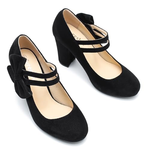 fereshte Women's Mary Jane Pumps with Bow, Double Strap, 3.54 Inch Chunky Block Heel Dress Shoes - color: Black Suede, size: 8
