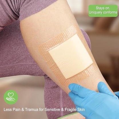 Silicone Super Absorbent Wound Dressing 4"x4", 20 Pack by NeuHeils | High Absorbency, Painless Removal, Waterproof for High Exudate Pressure Ulcers, Bed sores, Leg Ulcers, Surgical Wounds, Cuts - size: 4''x4'' (20 Packs)