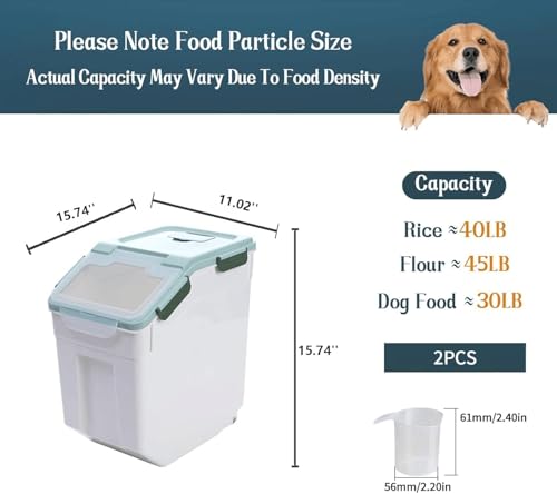 2 Pack 50 lb Airtight Flour Storage Containers with Wheels, Green | Large Rice Bin, Seal Locking Lid, BPA-Free, Includes Measuring Cup & Scoop, Kitchen Organization - color: Green