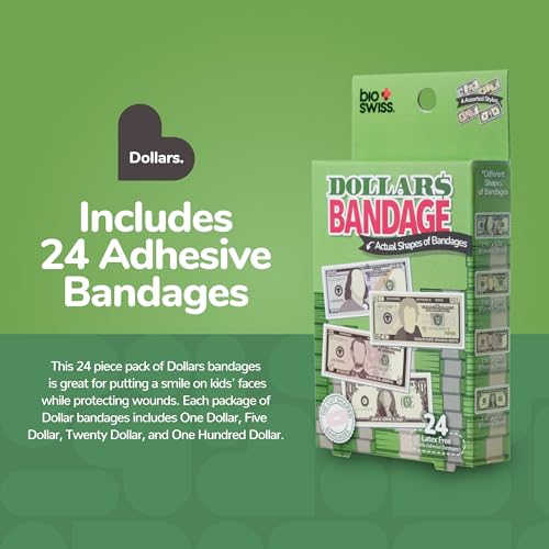 BioSwiss Bandages, Money Shaped Self Adhesive Bandage Set, Latex Free, Sterile Wound Care, 24 Count - color: Money, size: 24-Count Box