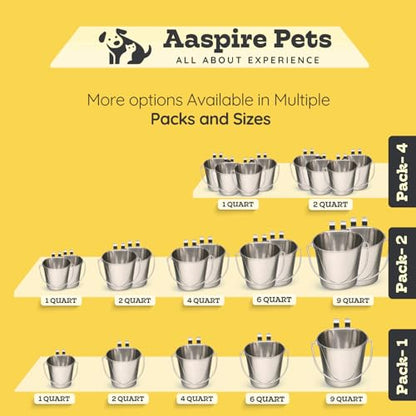 2 Quart Stainless Steel Flat Sided Bucket with Dual Hooks | 4 Pcs Durable Food & Water Bowl for Dog Cats Bird & Small Animals | Fits kennel Cage Crates Hanging Pet Pail | Multipurpose use - size: 2 Quart (Pack of 4)