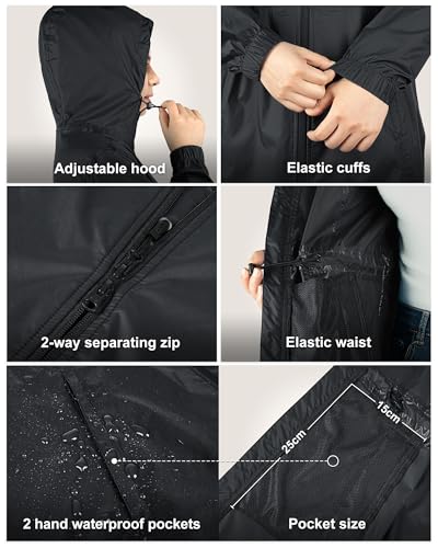 33,000ft Women's Waterproof Long Rain Coats Packable Rain Jacket with Hood - color: Black, size: X-Small