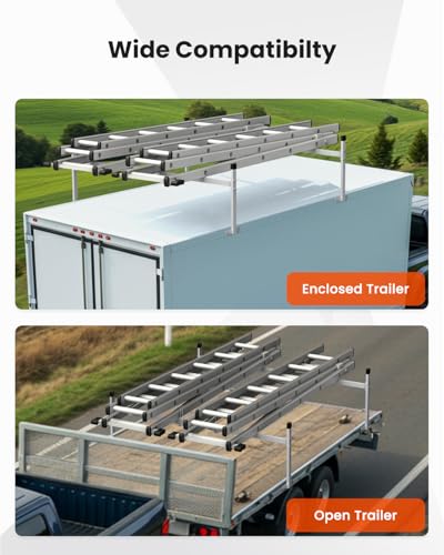 Ladder Rack for Trailer, Adjustable Roof Ladder Rack, 400 lbs Capacity | 5.77-8.65 ft Adjustable Length, Heavy-Duty Steel, Stopper Design, Fits Enclosed and Open Trailers, Sliver - color: Sliver