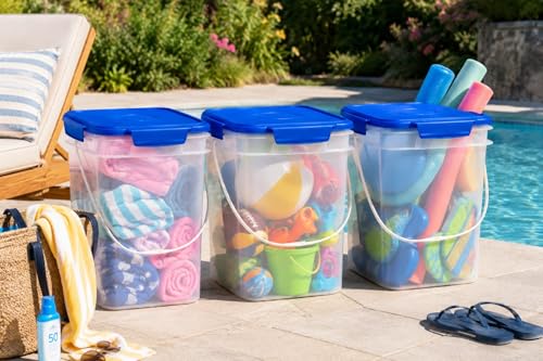 House Naturals 4 Gallon Square Food Grade Bucket Pail with Plastic Handles and Lid (Pack of 3) Made in USA containers (Clear - Blue lids) - color: Clear - Blue Lids