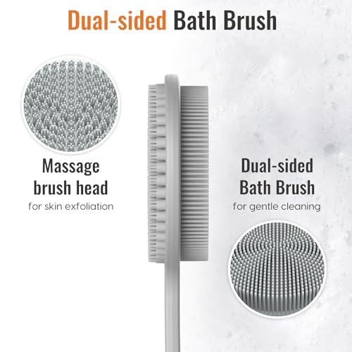 Silicone Back Scrubber for Shower, 17in Lengthen Long Handle Body Brush, Double Sided Shower Brush for Shower Exfoliating and Massage Can Produce Rich Foam, Long Handle Back Scrubber for Men - color: Gray