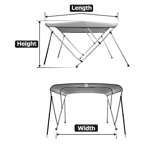 MSC 3 Bow 4 Bow Bimini Top Boat Cover,Waterproof Solution Dyed Polyester Made,2 Support Poles& 4 Adjustable Straps Included - color: Grey