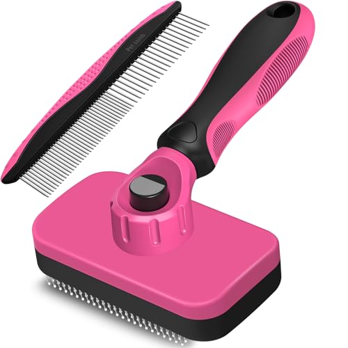 2PCS Self Cleaning Slicker Brush & Dog Comb - Skin Friendly Deshedding Grooming Tool for Dogs, Cats and Small Animals, Professional Deshedding Dematting Tool for Long and Short Haired Pets (Red) - color: Red