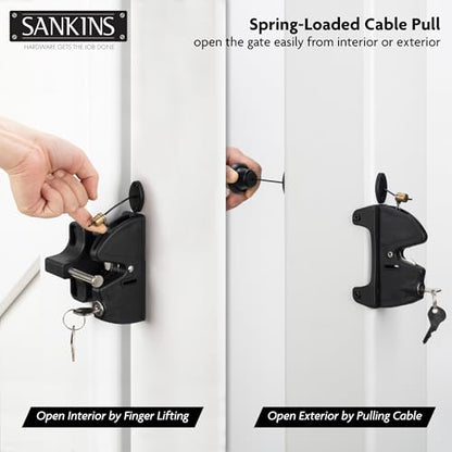 Key Lockable Fence Gate Latch, 2 Sided Gate Lock Latch for Outdoor Fence, Keyed Fence Lock Latch with Spring Loaded Pull Cable, Fence Latch Gate Hardware for Wood, Vinyl, Metal Gates, Black