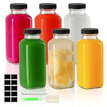 Glass Juice Bottles with Lids 12 oz, Reusable Glass Bottles 6 pcs, Square Juice Jars, Drink Containers with Caps for Smoothies, Kombucha, Beverages - size: 12 Ounces