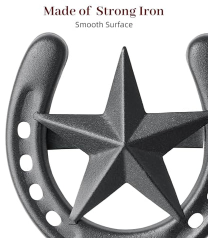 Cowboy Hat Rack for Wall, 6 Pack Iron Horseshoe Star Hooks, Black - color: Black