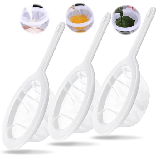 3-Piece Fine Mesh Strainer Set, 400/200/100 Mesh Nylon Sieve with Handle for Tea, Coffee, Nut Milk, Juice, Yogurt, Broth - Reusable, Dishwasher Safe Food Strainers