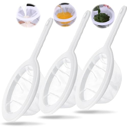 3-Piece Fine Mesh Strainer Set, 400/200/100 Mesh Nylon Sieve with Handle for Tea, Coffee, Nut Milk, Juice, Yogurt, Broth - Reusable, Dishwasher Safe Food Strainers