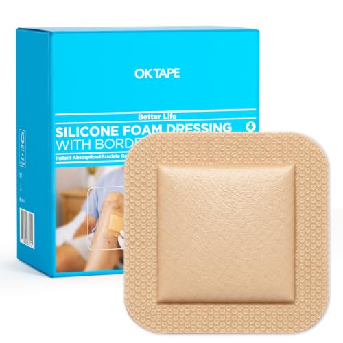 OK TAPE Silicone Foam Dressing with Border, 4 x 4 Inch, 20 Pack | Bed Sores Pressure Ulcer Care, Absorbent Pad, Gentle Adhesive, Water-Resistant - size: 4" x 4" – 20 Count