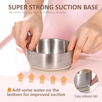 MR. CHOU Baby Bowls with Non-Slip Silicone Suction Cup, Insulated Double-Layer 18/8 Stainless Steel Toddler Bowls with BPA Free Airtight Lids, Food-Grade Silicone Safe for Kids (Beige) - color: Beige