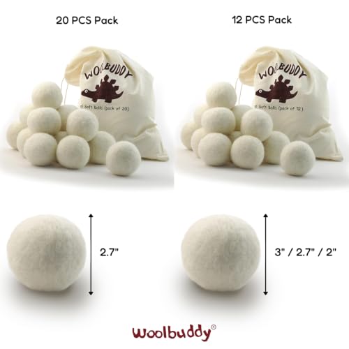 Woolbuddy Wool Felt Balls 12 PCS for Needle Felting 3 Size (3, 2.7, 2 Inch) | 100% Pure Wool Felt Balls 20PCS / 12PCS for Needle Felting & Christmas Holiday Ornaments, Core Wool Balls with Drawstring Bag