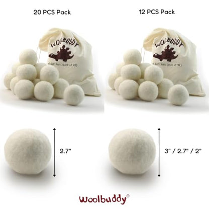 Woolbuddy Wool Felt Balls 12 PCS for Needle Felting 3 Size (3, 2.7, 2 Inch) | 100% Pure Wool Felt Balls 20PCS / 12PCS for Needle Felting & Christmas Holiday Ornaments, Core Wool Balls with Drawstring Bag