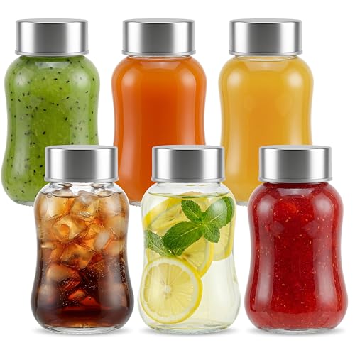 Danmu Glass Juice Bottles with Lids 5 fl.oz 6 Pack | Juicing Bottles Reusable Glass,Stainless Steel Lids,Leakproof,Compact Size & Easy Grip,Dishwasher Safe,Fridge Safe,Portable - size: 5 fl.oz