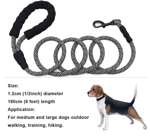 MayPaw Heavy Duty Rope Dog Leash, 3/4/6/7/8/10/12/15/20/30 FT Nylon Pet Leash, Soft Padded Handle Thick Lead Leashes for Large Medium Dogs (Black, 1/2" * 6') - color: black, size: 1/2" * 6'