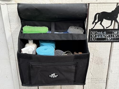 Stall Front Organizer Bag, Black, Multi-Compartment Storage, Horse Grooming Supply Holder with Top Loading Design