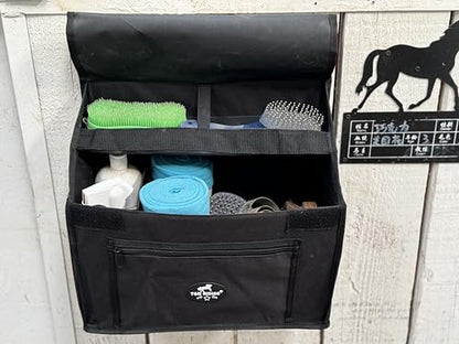 Stall Front Organizer Bag, Black, Multi-Compartment Storage, Horse Grooming Supply Holder with Top Loading Design