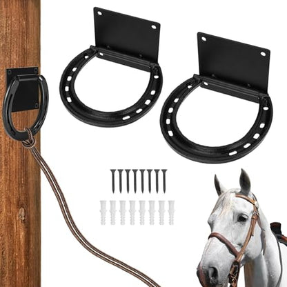 CHICIRIS Horse Hitching Ring Horse Tie Ring Cross Tie Set of 2 Solid Steel Rustic Black Coated with 8 Expansion Screws for Stall Stable Supplies