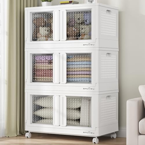 BROVIEW 300Qt Stackable Storage Bins with Lids, 75Gal Closet Organizers and Storage Drawer, Plastic Collapsible Storage Bins with Doors, Heavy Duty Store Box Cabinet for Home Kitchen, 3Pack White - color: White, size: 75 GAL