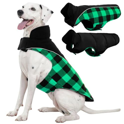 Kuoser Dog Winter Coat, Reversible Waterproof Dog Jacket with Reflective Strip, Warm Dogs Fleece Vest Adjustable Doggy Cold Weather Clothes Plaid Christmas Outfit Pet Apparel for Large Dogs, Green XL - color: Green, size: X-Large (Chest Girth: 24.4-29.9''