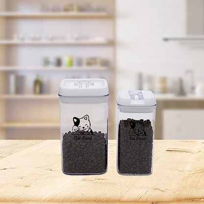 Pethiy Cat Food and pet Cat Treats Storage Container-Clear Plastic-airtight Storage Canister Tins cookie pet jars(Two-piece set) - color: CAT Off white
