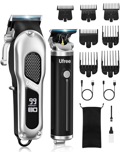 Ufree Professional Hair Cutting Kit, Cordless Barber Grooming Set with Precision Detailer, Rechargeable Electric Shaver, Home & Travel Use, Gift for Him - color: Black Silver