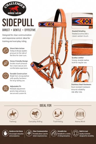 Horse Western Tan Leather Padded Bitless Training Sidepull Bridle Reins - color: Tan Beaded
